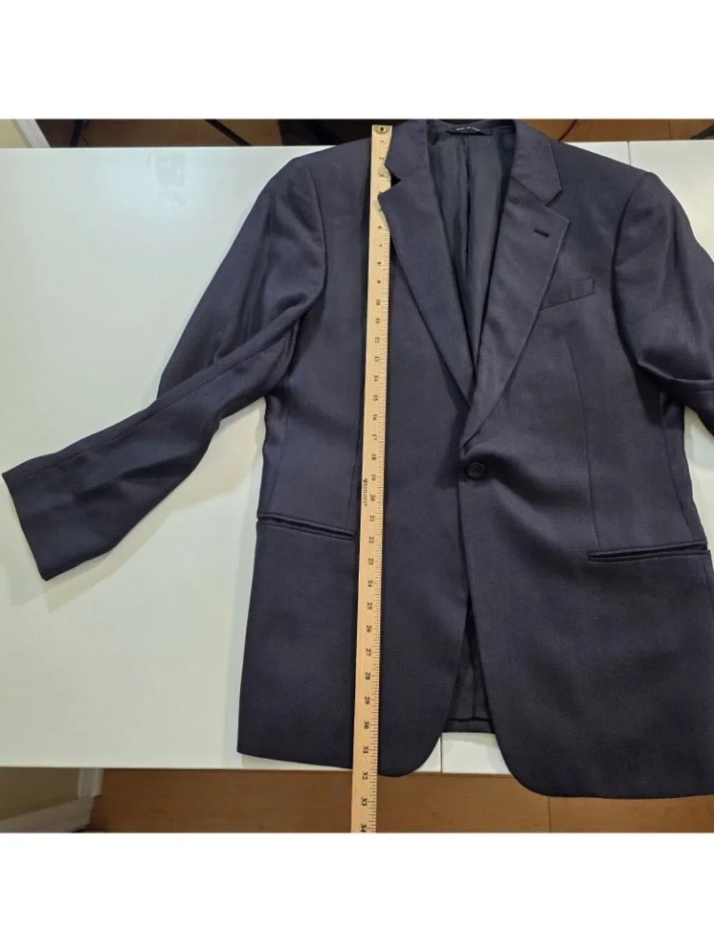 Armani Collezioni Slim Wool Silk Blazer US 42R Navy Blue Textured 1B Designer